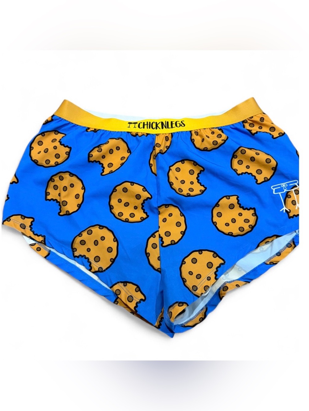 ChicknLegs Women’s Blue & Gold Cookie Print 1.5” Split Running Shorts Size L